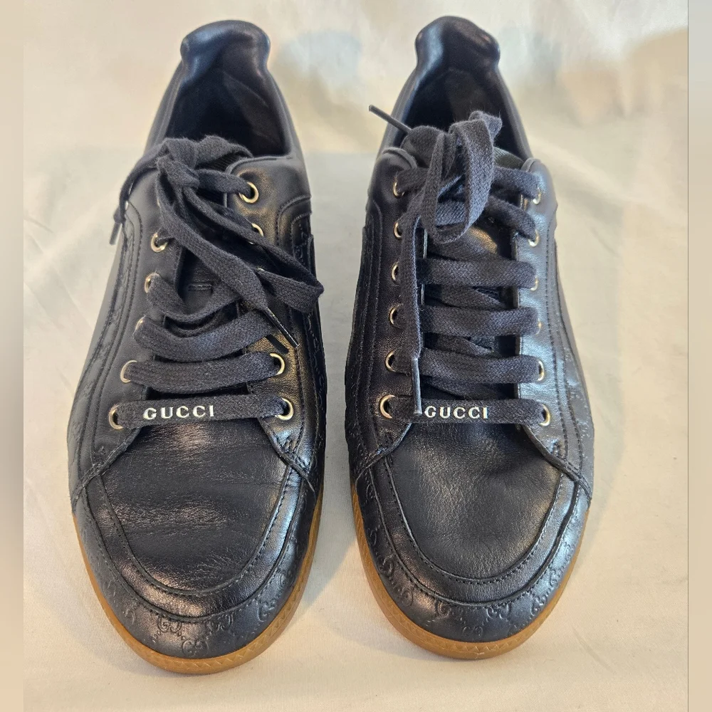 Gucci Men's Size 8C Blue Leather Logo Low Top Trainer Sneakers Shoes EUC - Picture 1 of 8